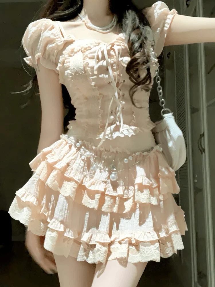 Elegante doce 2 peça conjuntos de saia feminina renda plissada y2k topo de colheita + bonito mini saias bolo japonês lolita ternos vintage verão