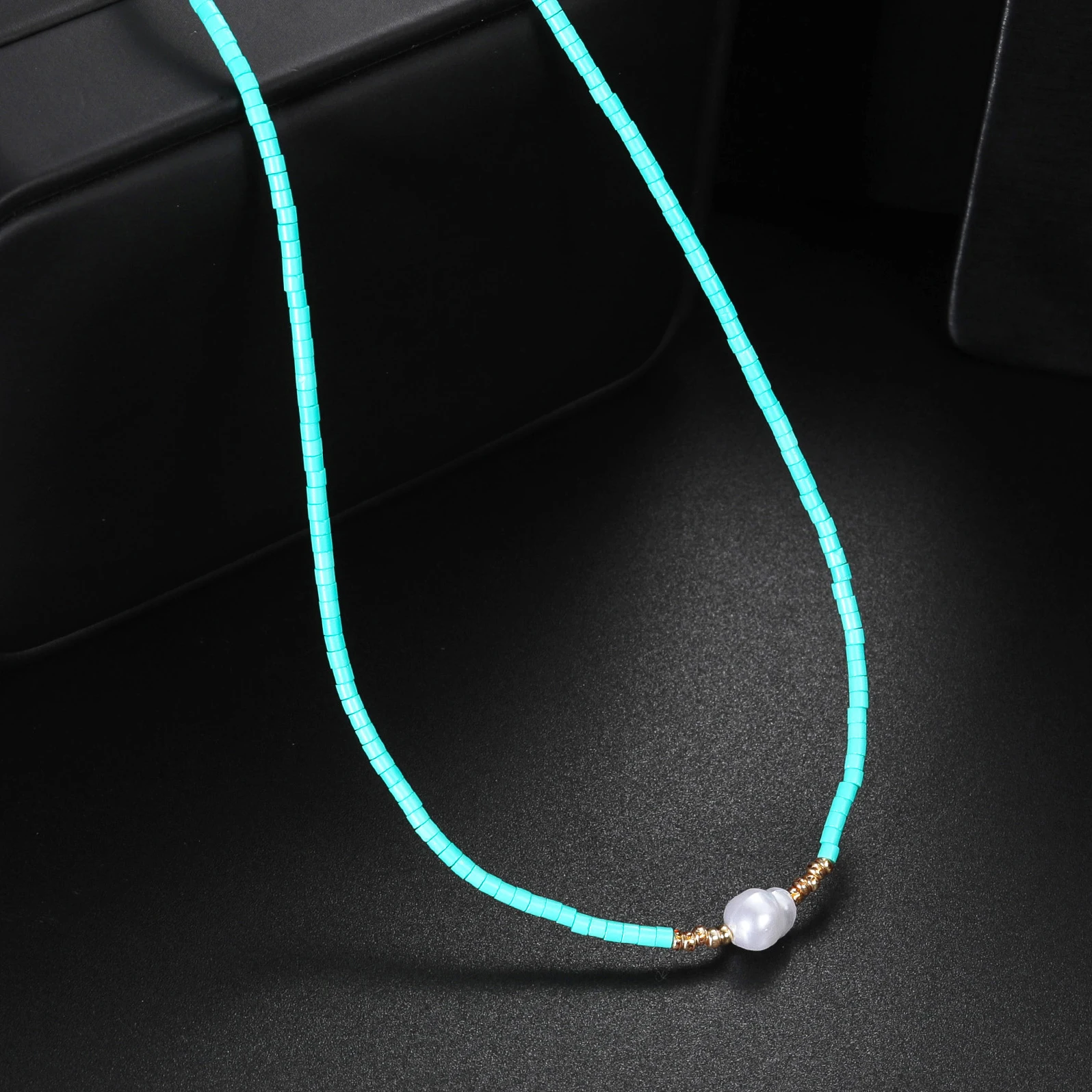 1pc Fashion Bohemia Blue Beads Imitatied Pearl Necklace For Women Fashion Beaded Choker Vacation Party Birthday Jewelry Gift