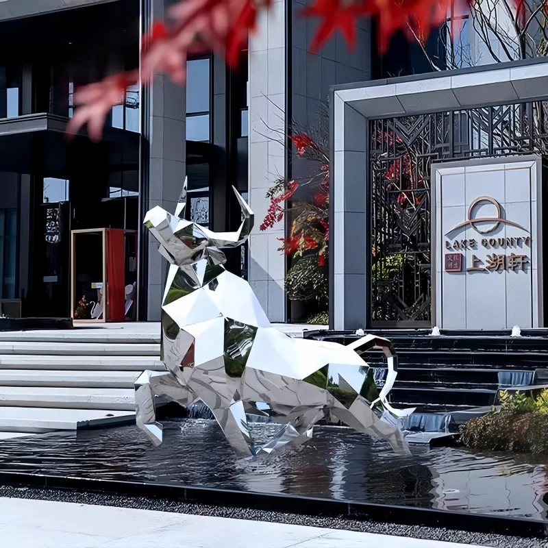 Outdoor stainless steel geometric animal cattle sculpture hotel lobby ornaments Sales office garden landscape ornaments