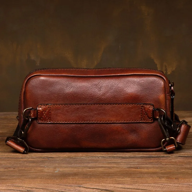 Handmade men's handbag vegetable tanned cowhide clutch bag multifunctional retro leather shoulder crossbody mobile phone bag
