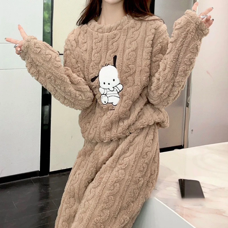 Female Pink Velvet Pajamas Set Thicken Coral Fleece Trouser Suit Sleepwear Winter New Warm Nightwear Lounge Wear Loose Homewear