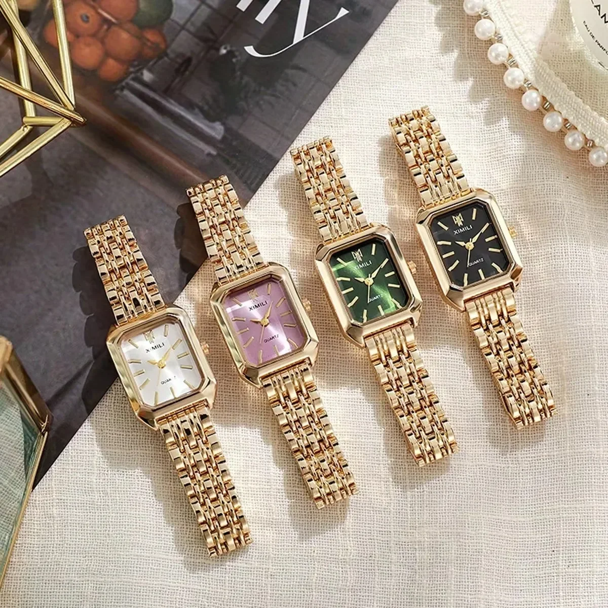 1pc-Women's New Fashion Luxury Stainless Steel Band Watch Minimalist Square Quartz Wristwatch（logo Color Random）