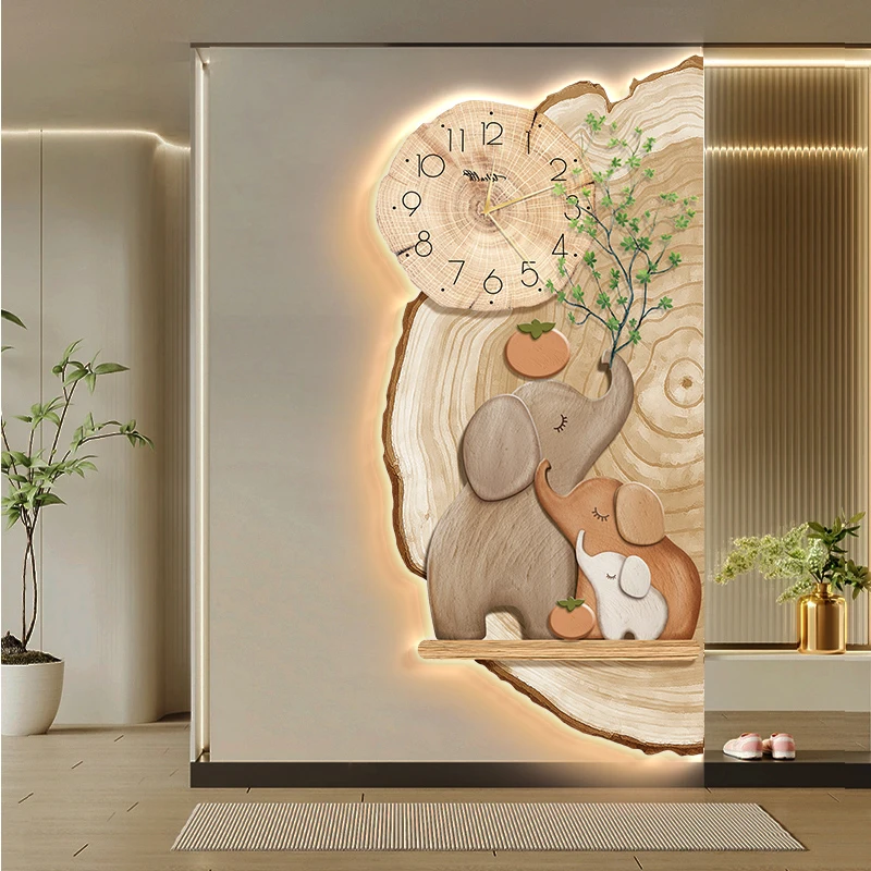 Cream-Colored Log-Style Elephant Entrance Hall LED Entry Corridor Hallway Wall Light Living Room Background Wall with Clock Mura