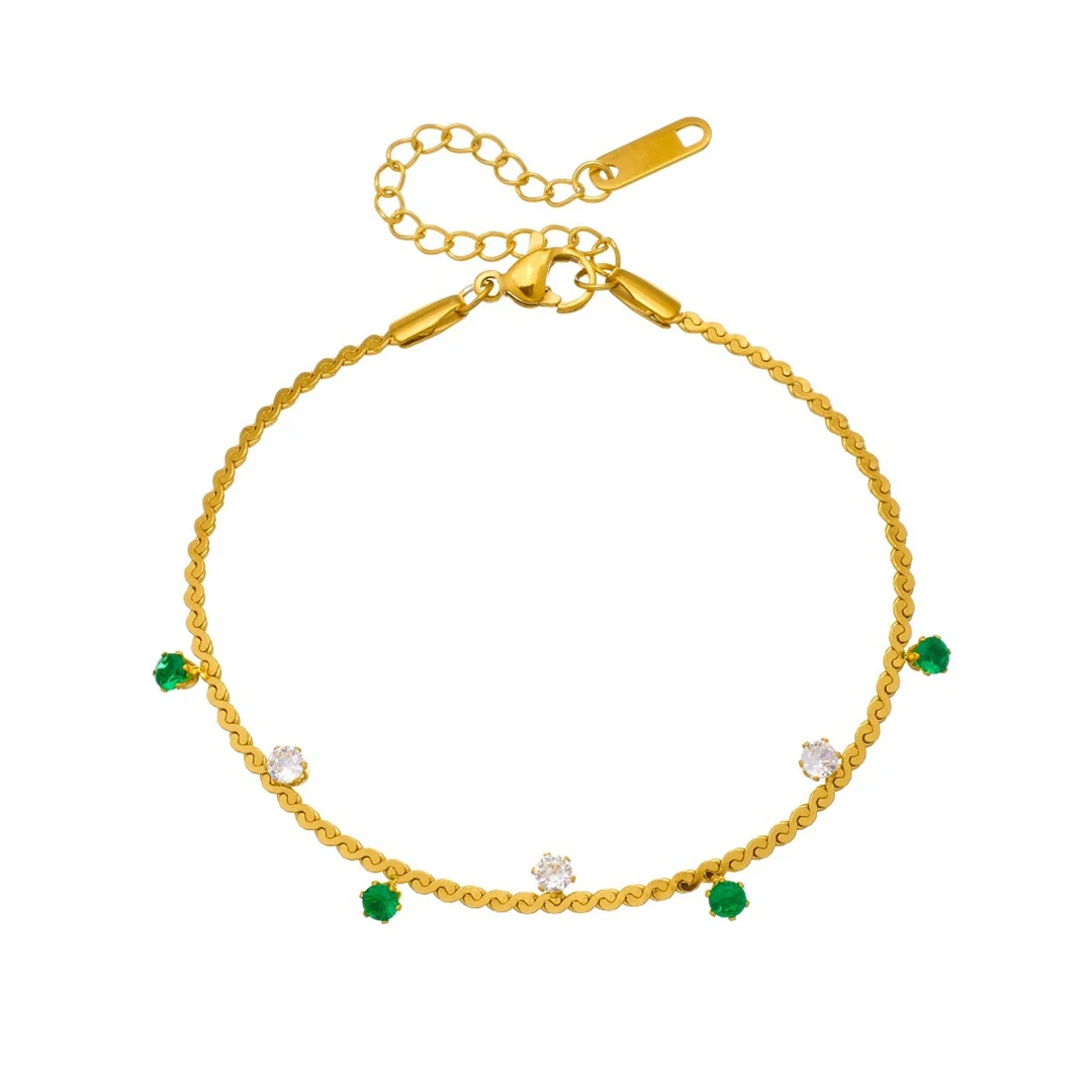 

Punk Zirconia Round Charm Bracelet Female Gold Color Stainless Steel Flat Snake Chain Link Bracelet for Woman Fashion Jewelry