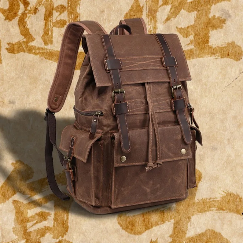Backpack American Retro Unisex Travel Backpack Beeswax Canvas Crazy Horse Leather Laptop Bag Sports Hiking Backpack Travel