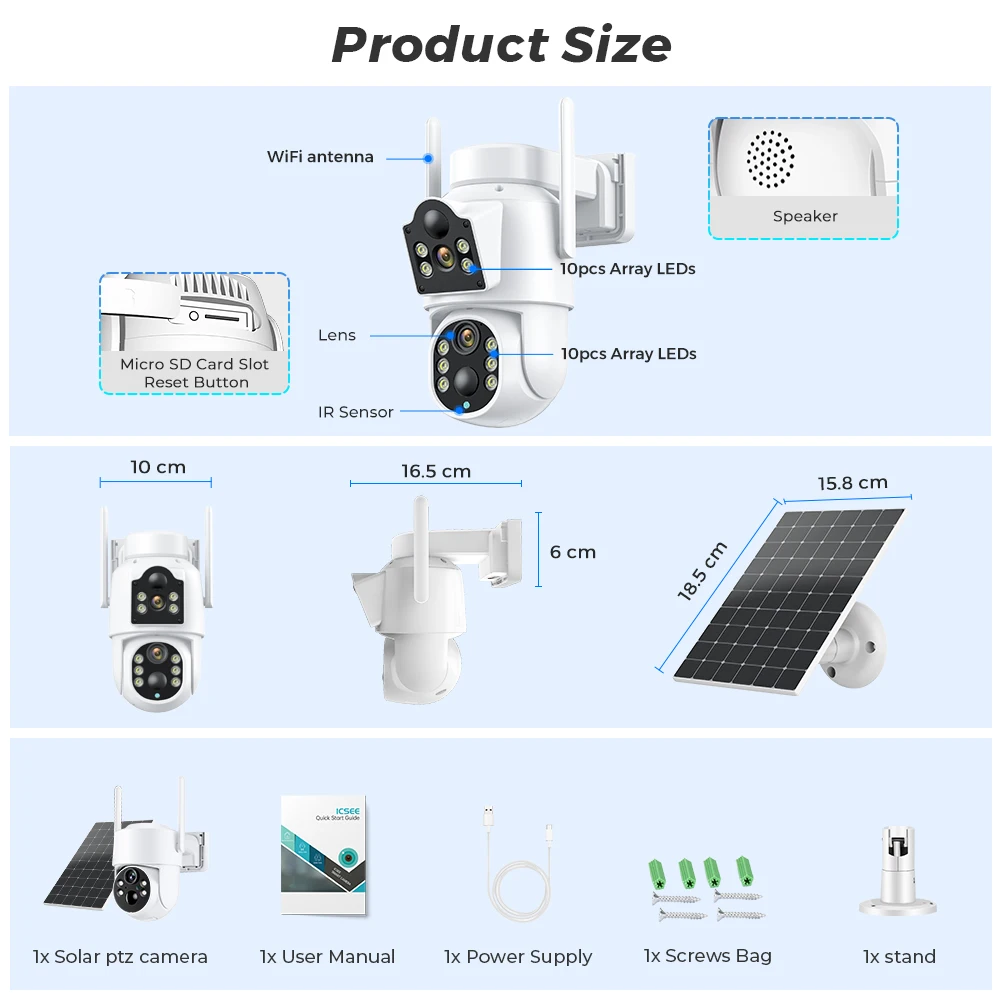 Solar Battery Wifi Camera Dual Lens Dual Screen Outdoor Security Protection PTZ Camera PIR Ai Human Detection CCTV icsee APP