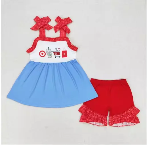 

Embroidered Puppy Target Red Lace Blue Vest Onesie Romper Set Baby Girls Boys Wholesale Match Clothes RTS