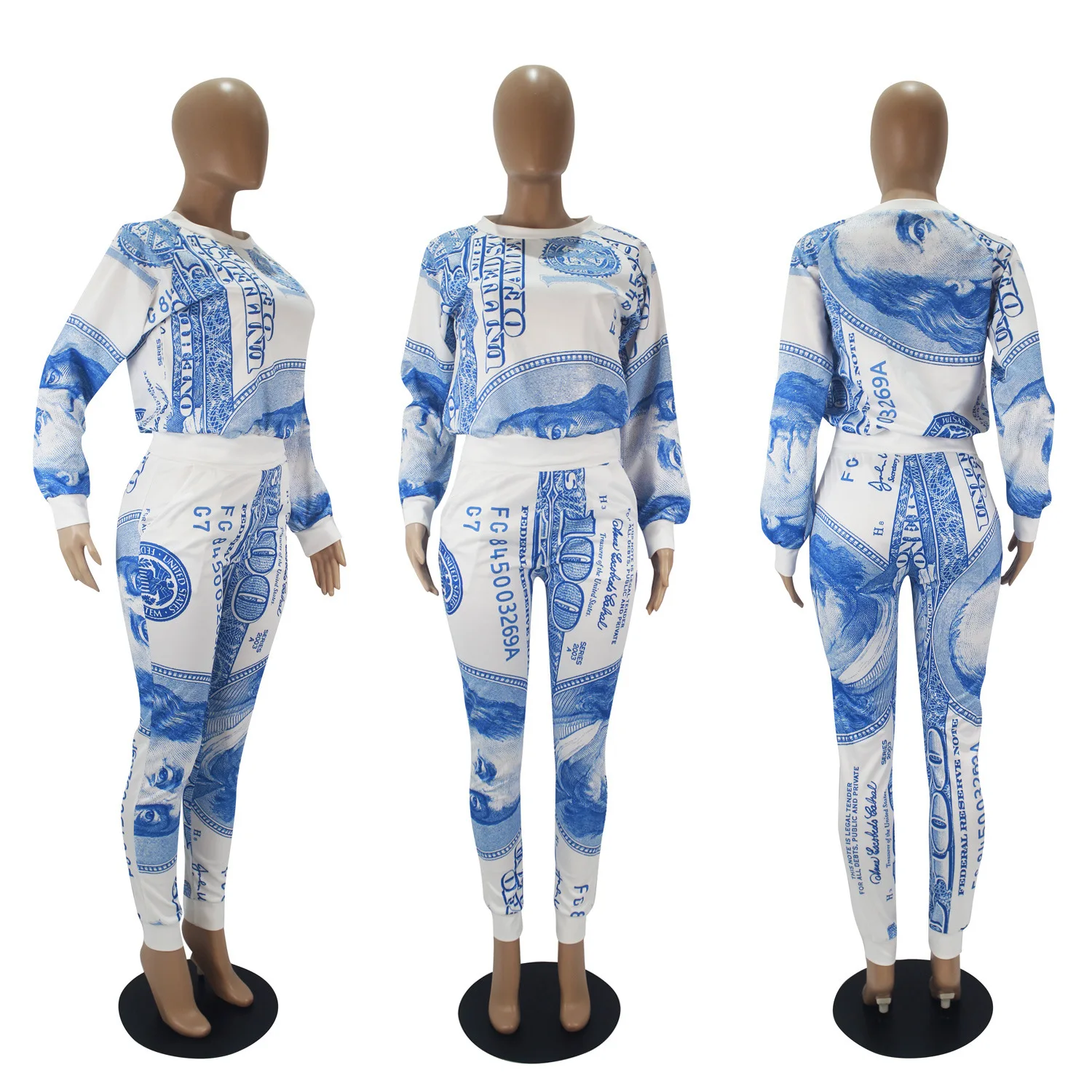 Women Money Dollar Print 2 Piece Outfit Long Sleeve Sweatshirt  Jogger Pants Set Casual Streetwear Tracksuit
