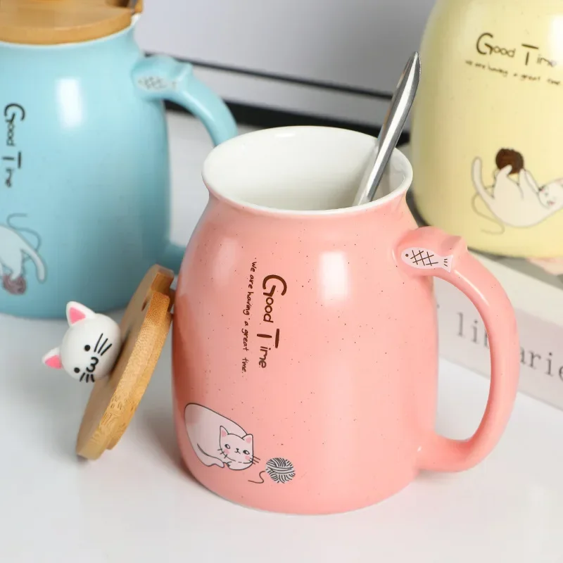 Japanese Style Wooden Lid Mug with Spoon Cute Cartoon Cat Milk Ceramic Mug Ice Yogurt Juice Cup Heat-resistant Mug Gifts Cup