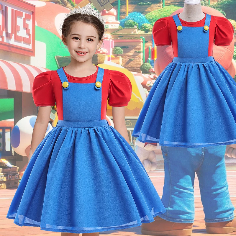 Child Cartoon Bros Causal Cosplay Suit Kids Anime Fantasy Short Sleeve Top+Dress With Hat Girl Halloween Birthday Party Costume