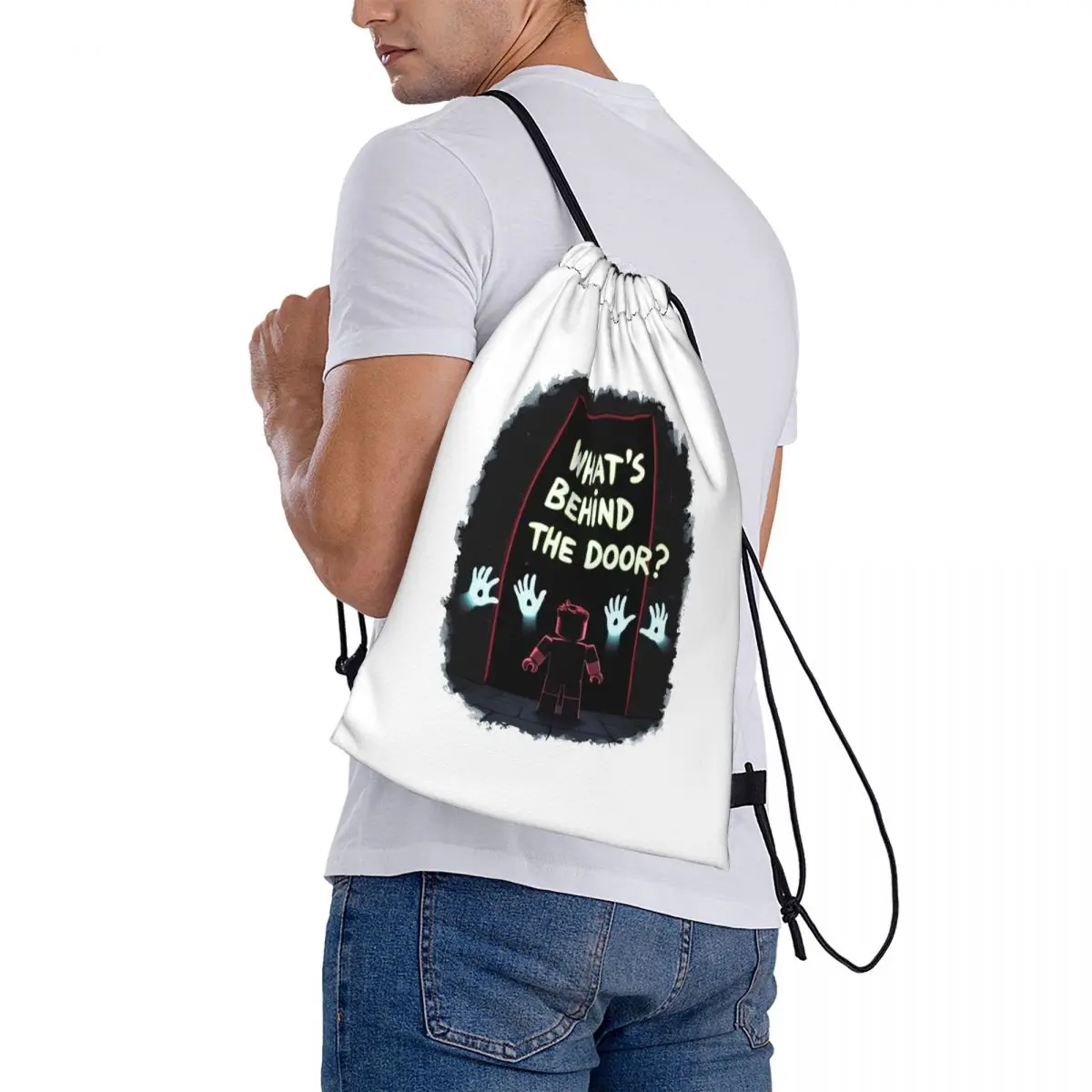 What's Behind The Door Backpacks Casual Drawstring Bundle Pocket Storage Bag Book Bags for Man Woman Students
