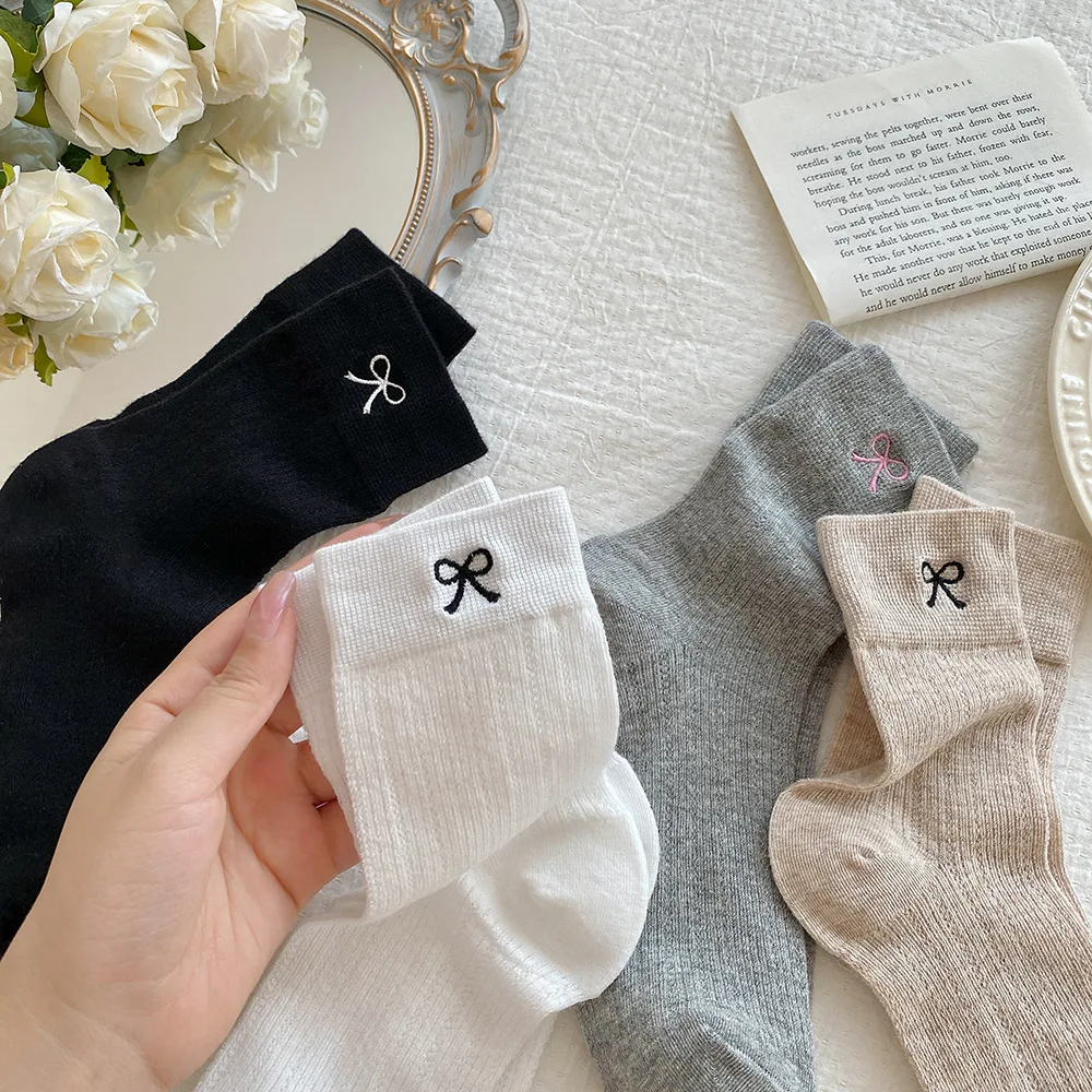 

4pairs/lot Bow Socks Ballet Style Spring and Summer Thin Cotton Mesh Medium Tube Socks Summer Breathable White Stacking Socks