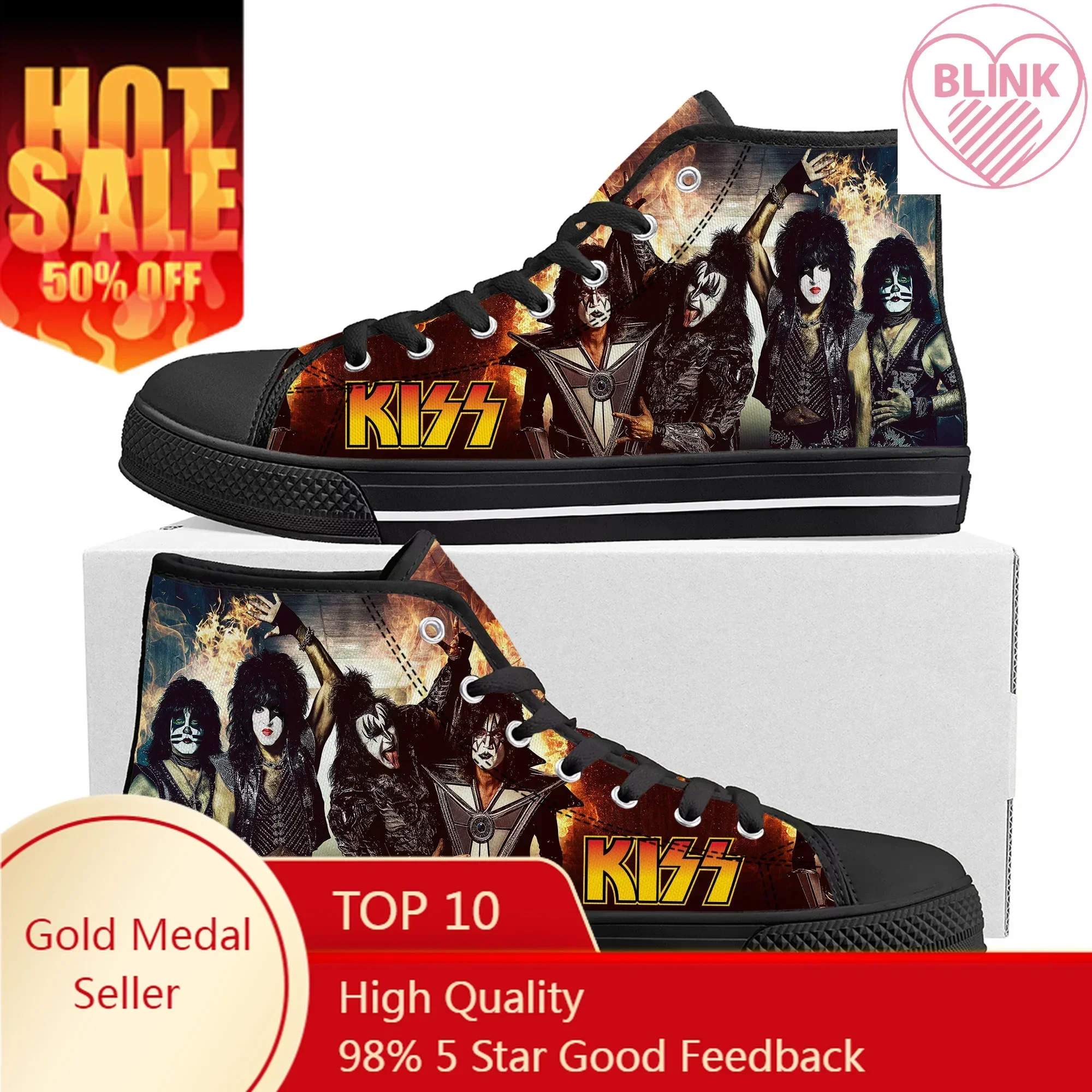 

Heavy Metal Kiss Rock Band High Top High Quality Sneakers Mens Womens Teenager Canvas Sneaker Casual Couple Shoes Custom Shoe