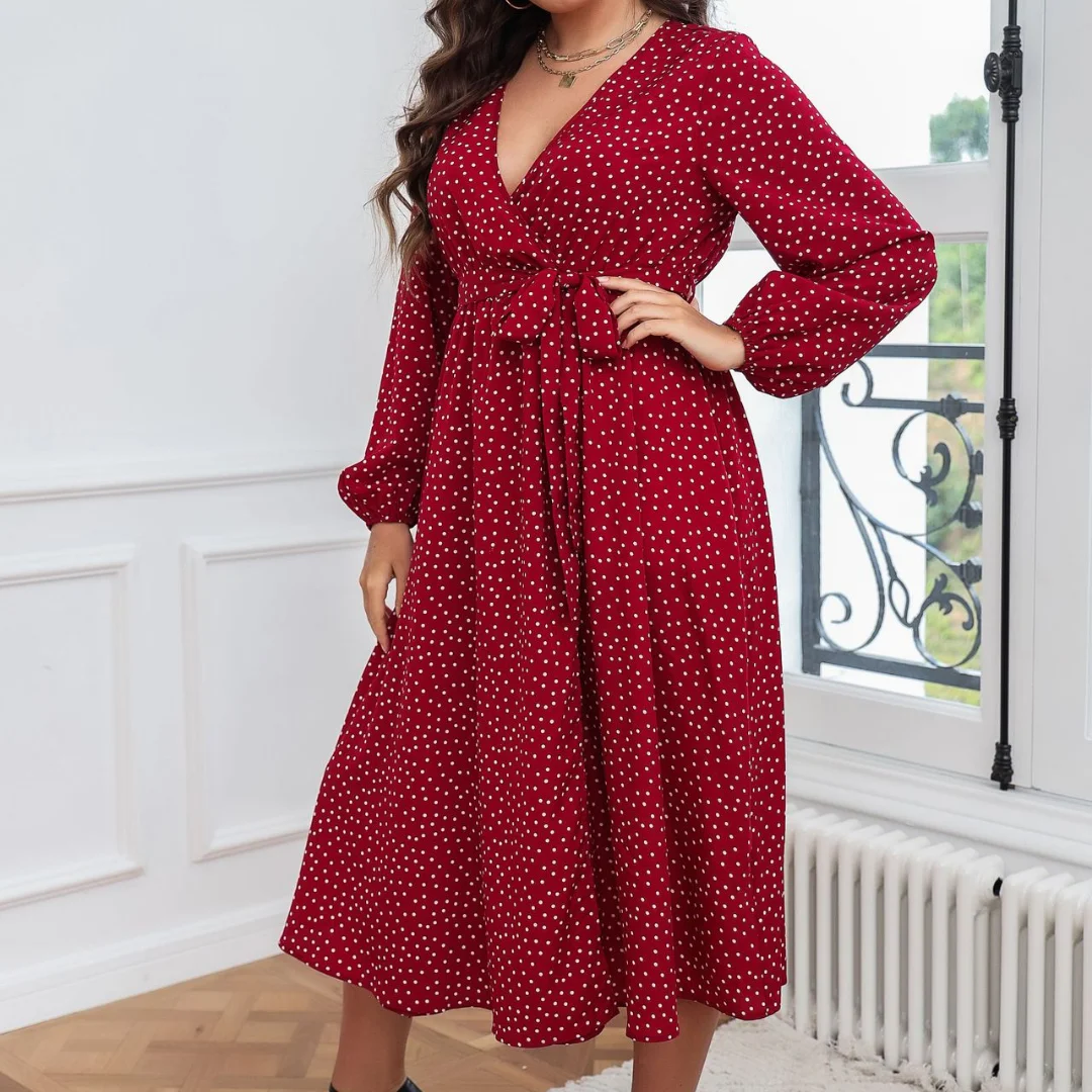 Women's Large Swing Red Cotton Polka Dot Long Sleeved Oversized Dress