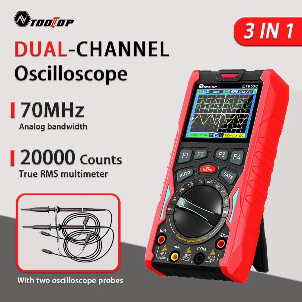 TOOLTOP ET853C 2CH Digital Oscilloscope 70Mhz Bandwidth 200Msps 20,000 Counts True RMS Multimeter Residential Electrical Tests