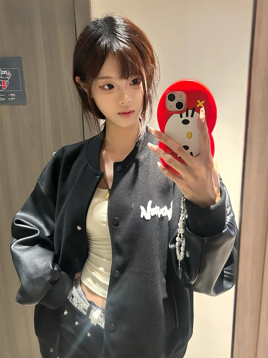 

NELY Ретро Американский Sle Бейсбольный Джет Мужское Пальто из искусственной кожи в стиле пэчворк с воротником-стойкой Теплый свободный крой Молодежная осень Wi...