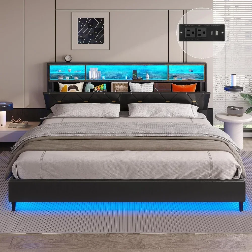 for King Bed Frame with Storage Headboard and RGB LED Lights, with Type-C & USB Charging Station, PU Leather Platform Bed Frame