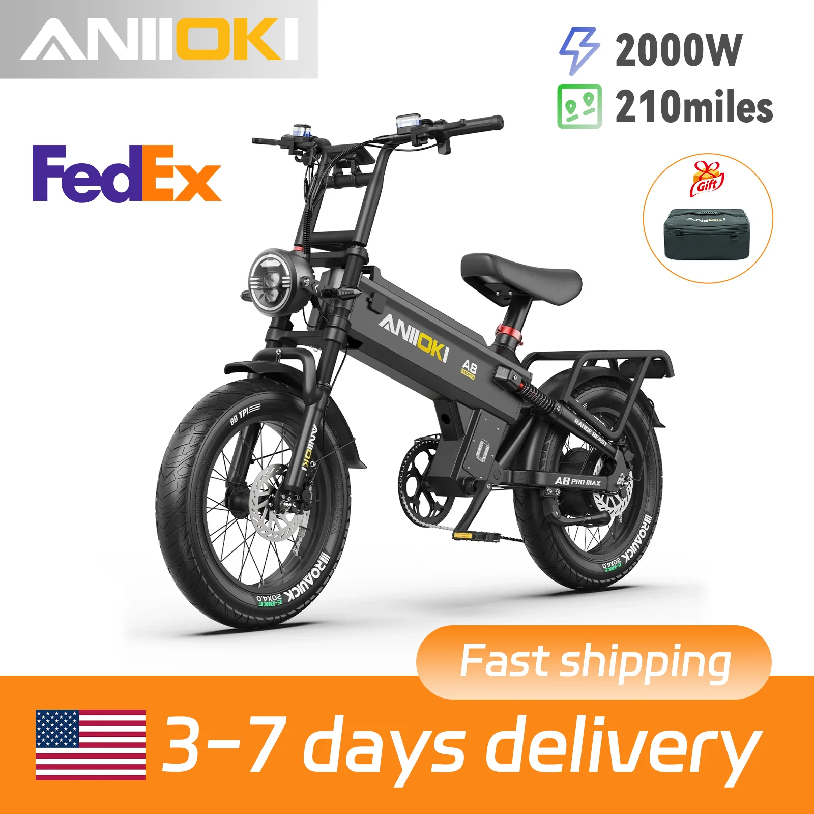 

2000W Peak Motor Electric Bike ANIIOKI 52V 70Ah battery Ebike 32mph 20"*4" Fat Tires Long battery life Electric Bicycle