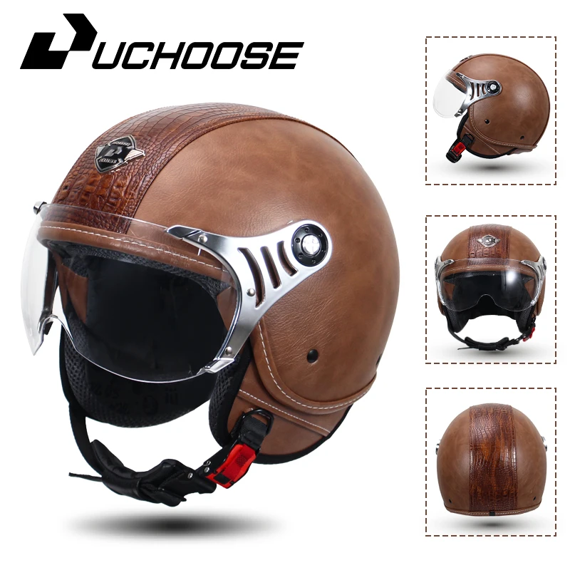 

Vintage Leather Open Face Helmet Motorcycle Helmets Double Visor DOT Approved Men Retro 3/4 Half Helmet
