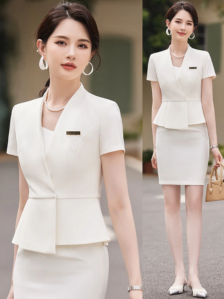 

Белый профессиональный костюм, женская летняя рабочая униформа с короткими рукавами, униформа для менеджера отеля, рабочая одежда для ювелирного магазина, женская летняя одежда
