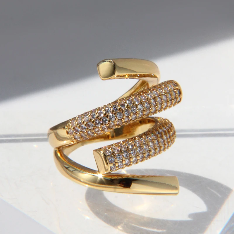 

Brass Stunning AAA Zircon WAVE Ring Women Jewelry Designer T Show Club Cocktail Party Rare Hiphop Japan Korean