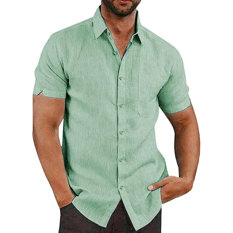 

Button Down Short Sleeve Linen Shirts For Men Summer Casual Cotton Spread Collar Beach Shirts