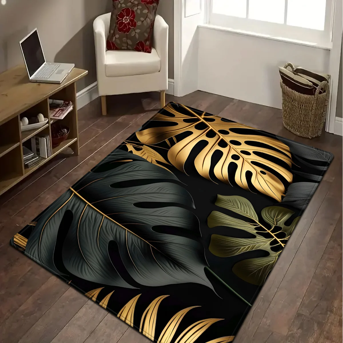2D‑Printed Black‑Background Maple Leaf Square Rug, Decor for Living Room, Bedroom, Gatherings, Indoor‑Outdoor Parties