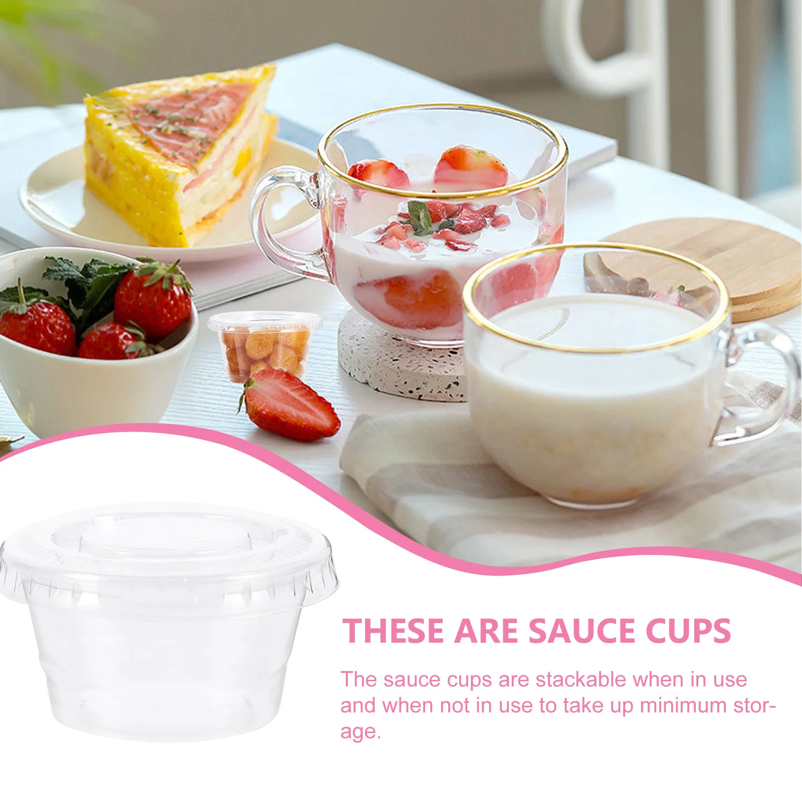

100Pcs Disposable Sauce Cup Set Stackable Lid Design Easy Use for Picnics Restaurants Condiment Dessert Containers