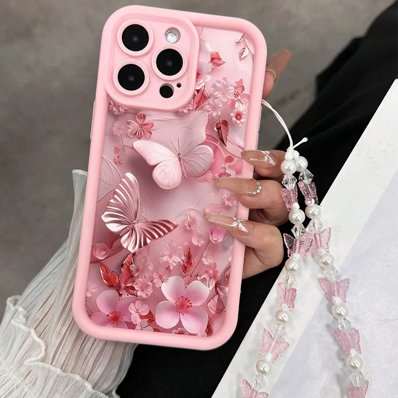 Rosa Blumen Schmetterling Lanyard Handyhülle für iPhone 17 16 15 14 13 12 11 Pro Max 16E XS XR 7 8 Plus Silikon Weiche Luxus-Hülle – Detail 4