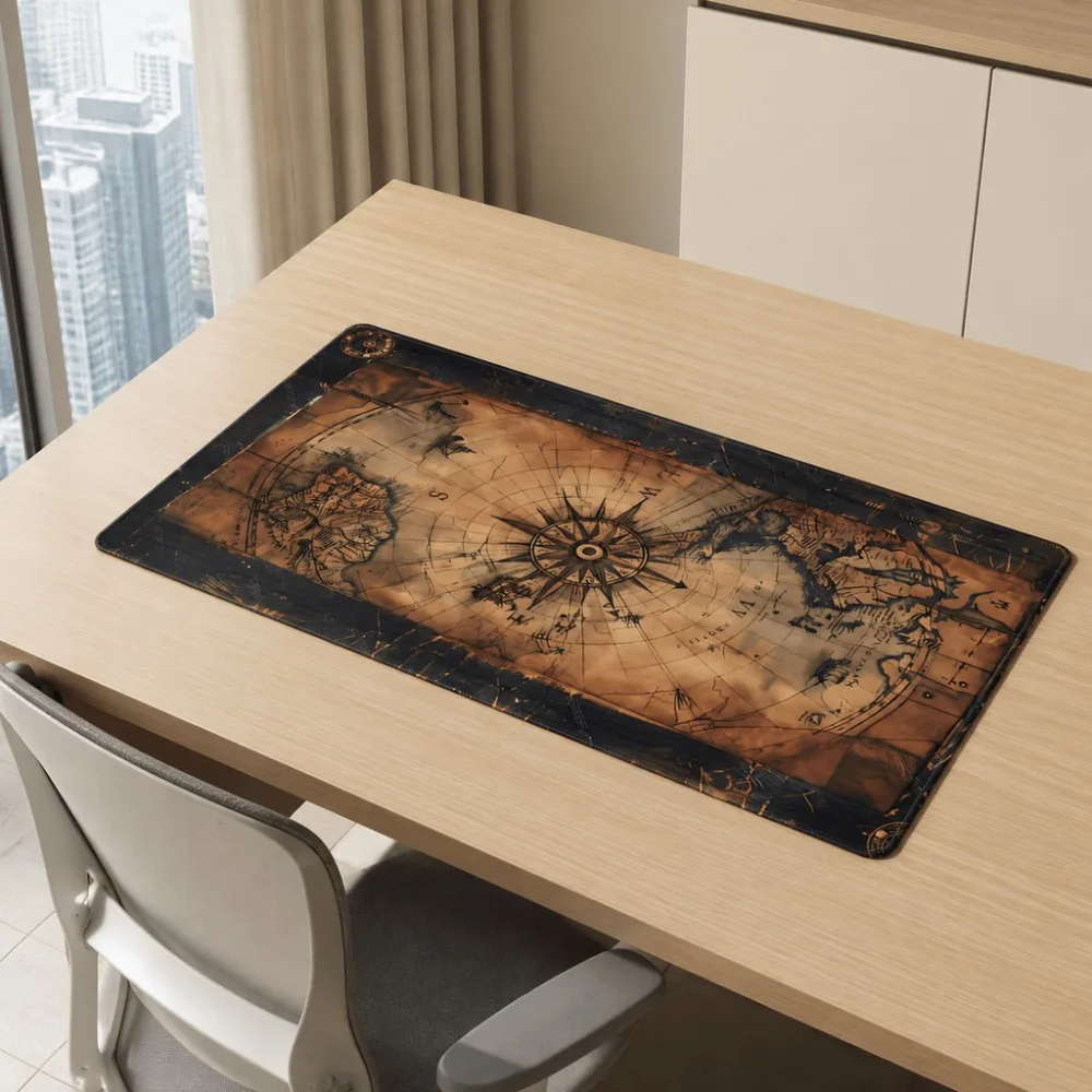 Retro treasure map table mat with printed world map with compass suitable for gamers and antislip surface for keyboards and mice