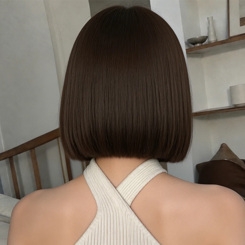 Dark Brown Bob Wig With Straight Bangs, Synthetic Short Hair, 12-Inch