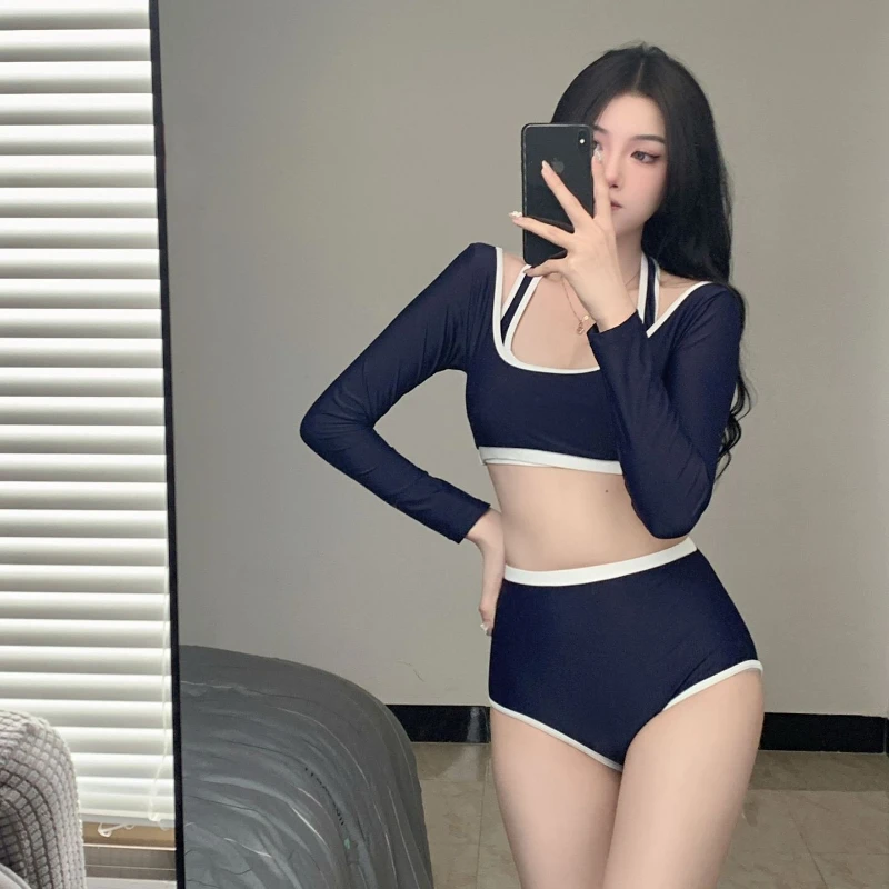 

Swimsuit Korean Sexy Solid High Waist Swimwear Two Piece Swimsuit Female Long Sleeve Open Back Monokini Bathing Suit Swim Wear