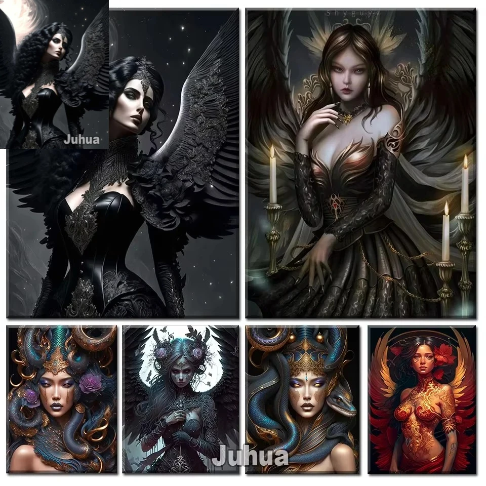 Ölgemälde nach Zahlen, Gothic-Dunkelheit, Flügel, Engel, Figur, Heimdekoration, Gemälde, Wand, Schlafzimmer, Raumdekoration, Geschenk, rahmenlos