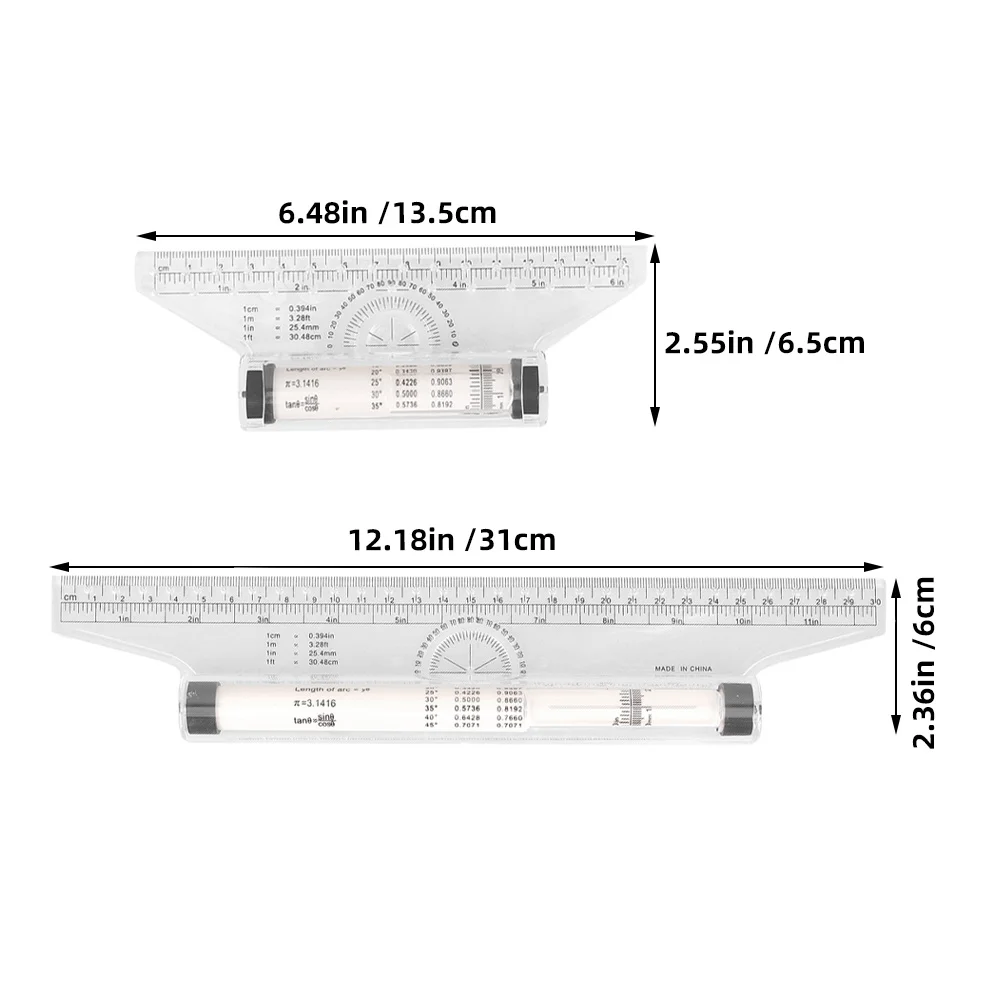2pcs Plastic Parallel Rolling Ruler 30Cm Transparent For Students Engineers Drafting Drawing Measuring Angles Circles Arcs Lines