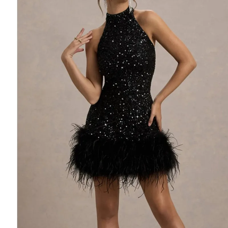 Sexy Kleid Vestidos Prom Kleider 2025, Frau Vestido Femininos Plüsch Saum Schlank Ärmellose Pailletten Bankett Party Elegante Temperament