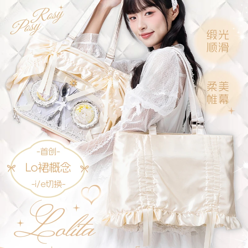 New 2025 Original Student Girls Pleated Satin Ruffled Shoulder Bag Japanese Style Large Capacity Ita Bag Women's Tote Handbags