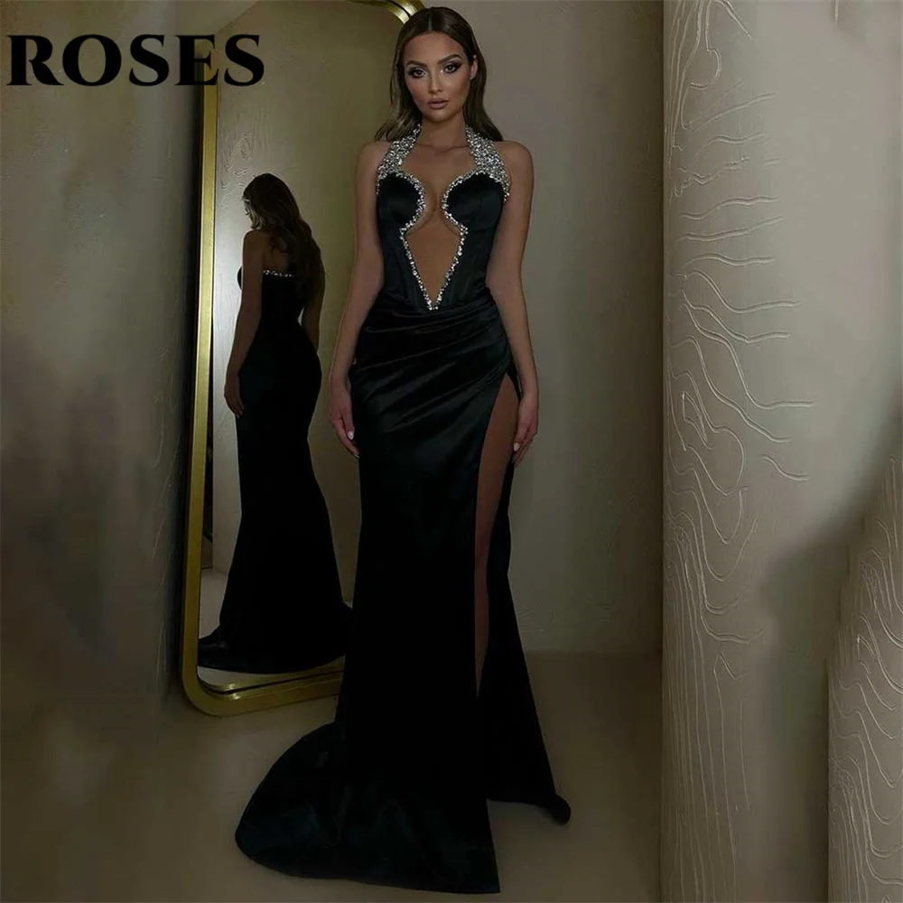 

ROSES Black Evening Dress Halter Mermaid Party Dress with Pleats Satin Vestido De Novia Cut Out Sequins Side Split Prom Dresses