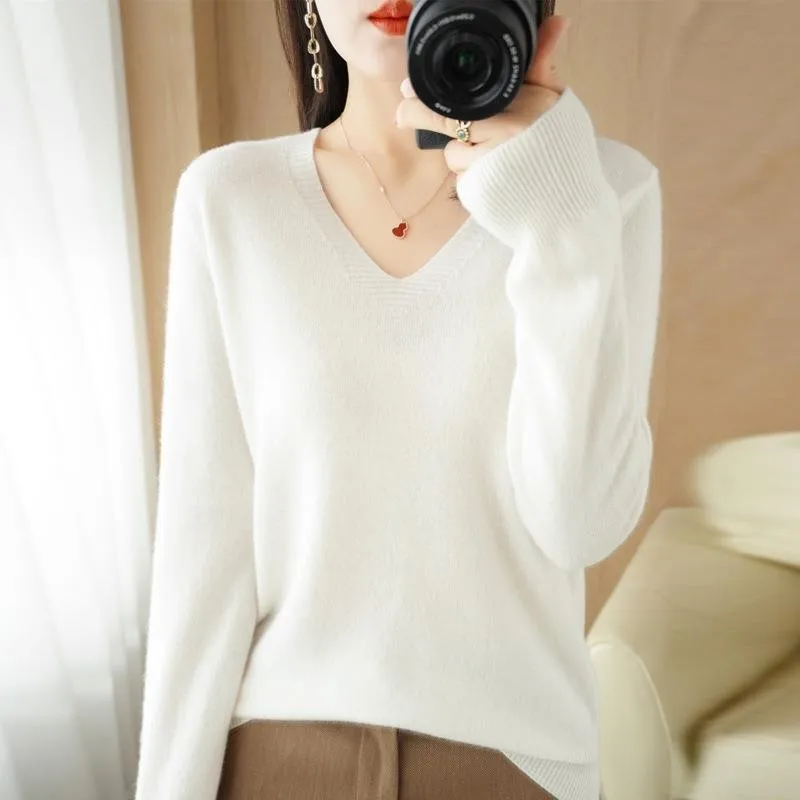 

Women Cashmere 2024 New V-collar Autumn and Winter Fashionable Sweaters Loose Wool Knitted Pullovers Female Knitwear T57