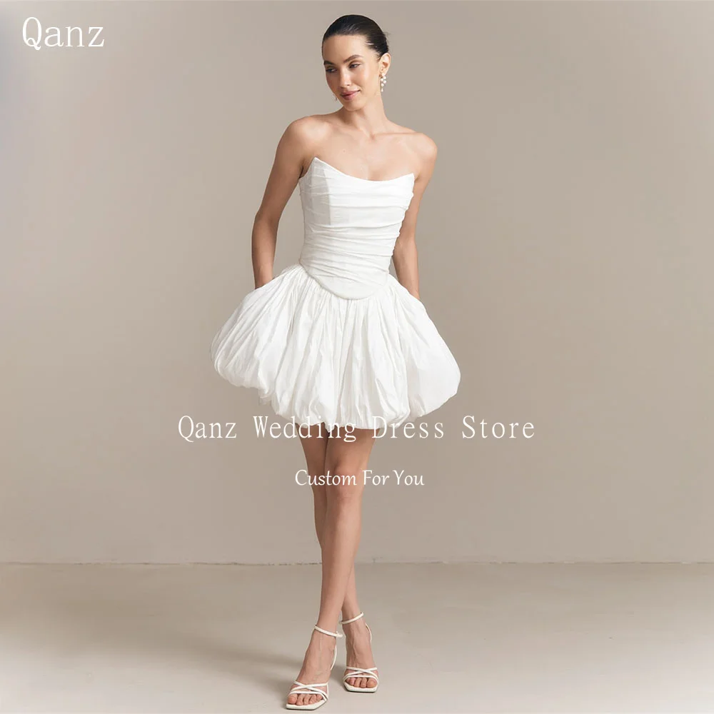 فساتين زفاف Qanz عتيقة من التفتا باللون الأبيض الصغير A Lin Vestido De Novia Boda بأربطة من الخلف مفتوحة من الخلف رداء De Mariée مخصص #1