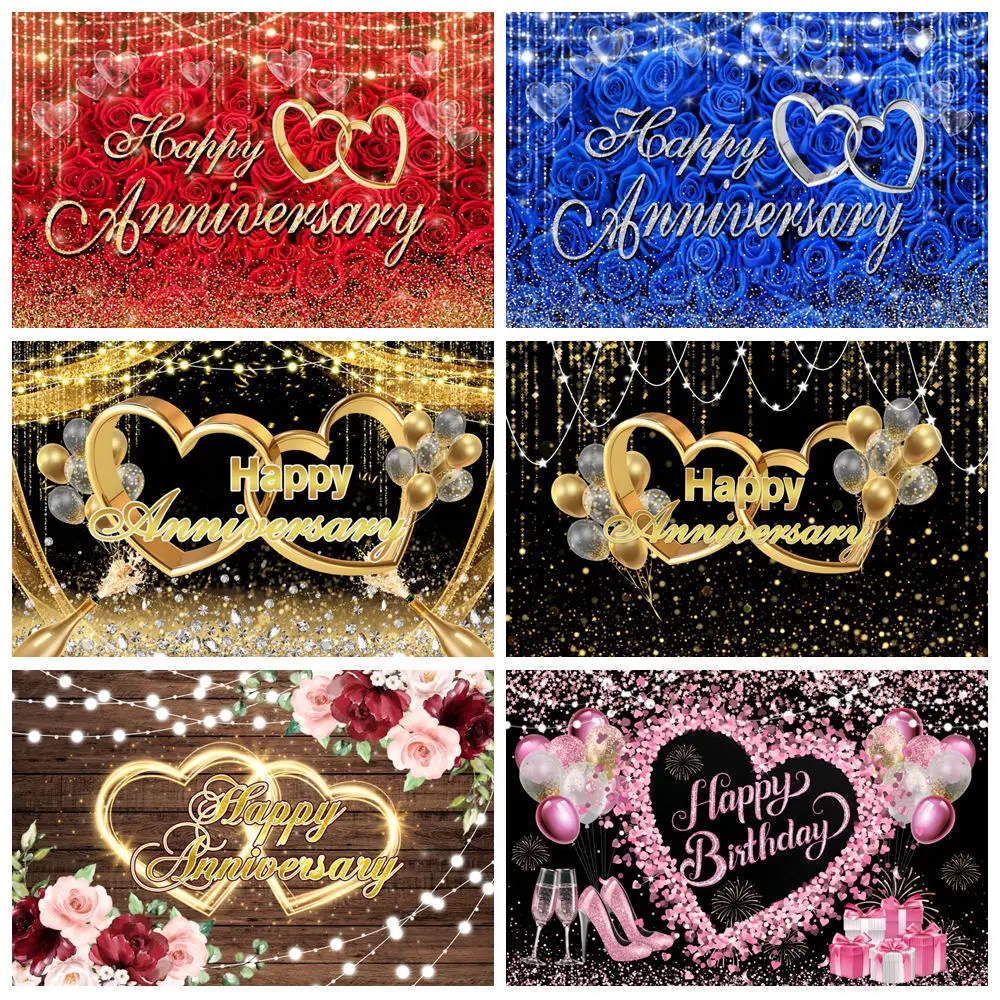 Fondo de feliz aniversario, globo dorado negro, flor, brillo, corazón de amor, cumpleaños, boda, despedida de soltera, fotografía