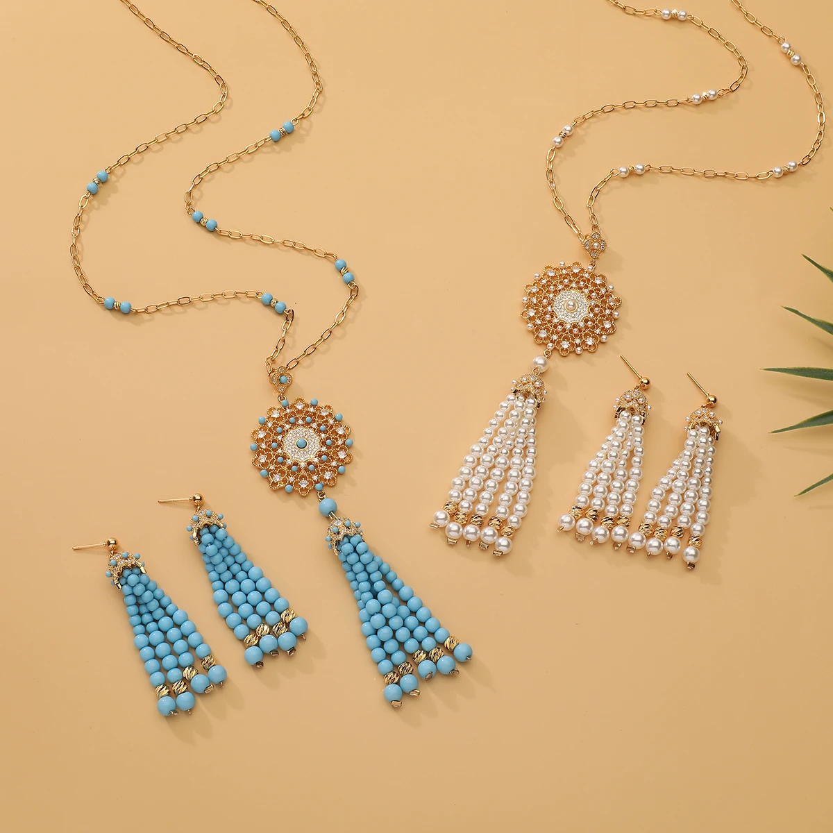 

New Fashion Women's 2 Pcs Necklace & Earrings Set Pearl Blue Beads Tassel Long Chain Necklace Earring Arabian style Jewelry Set