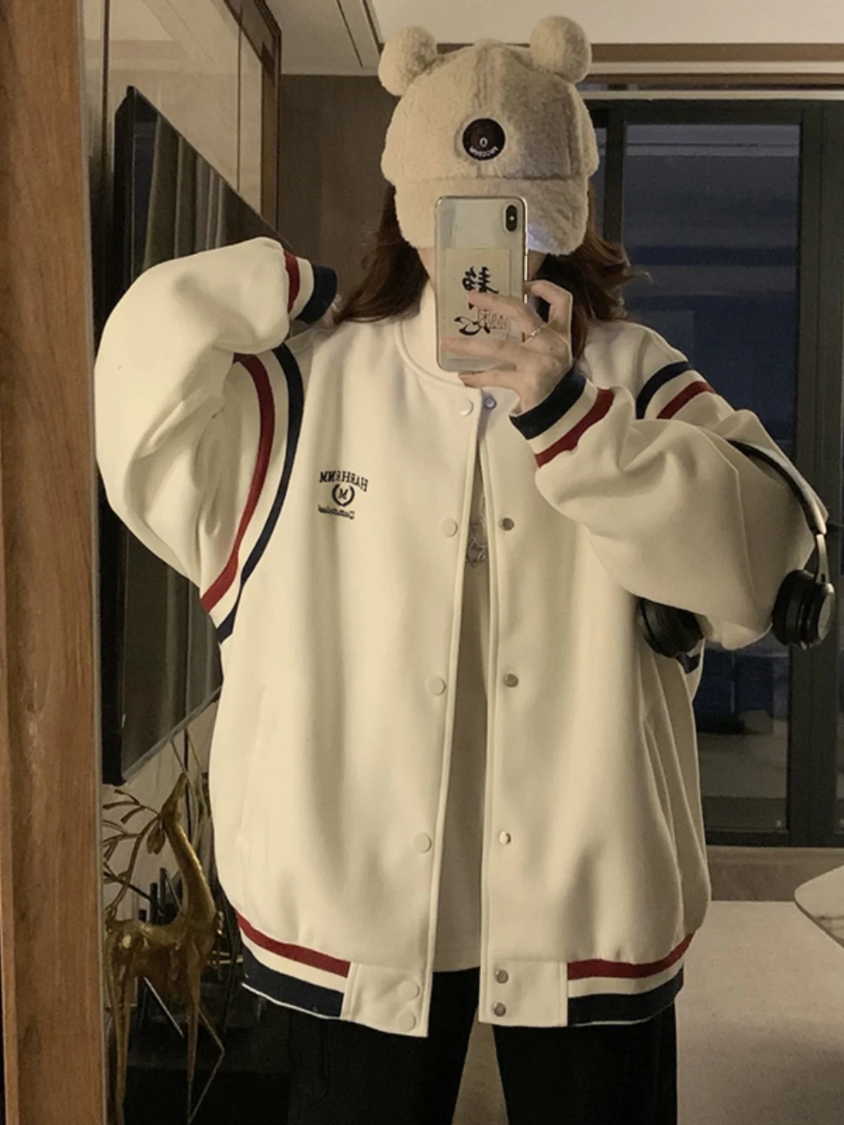 

Baseball Jackets Navy Womens Autumn Vintage Sporty Adjustable Cuffs Anorak Buttoned Splicing Stretch Outwears Retro All-Match OL