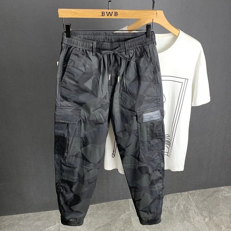Loose Fit Men's Camouflage Pants Cargo Workwear American Style Spring Autumn Drawstring Casual Trousers Youth Fashion Trend