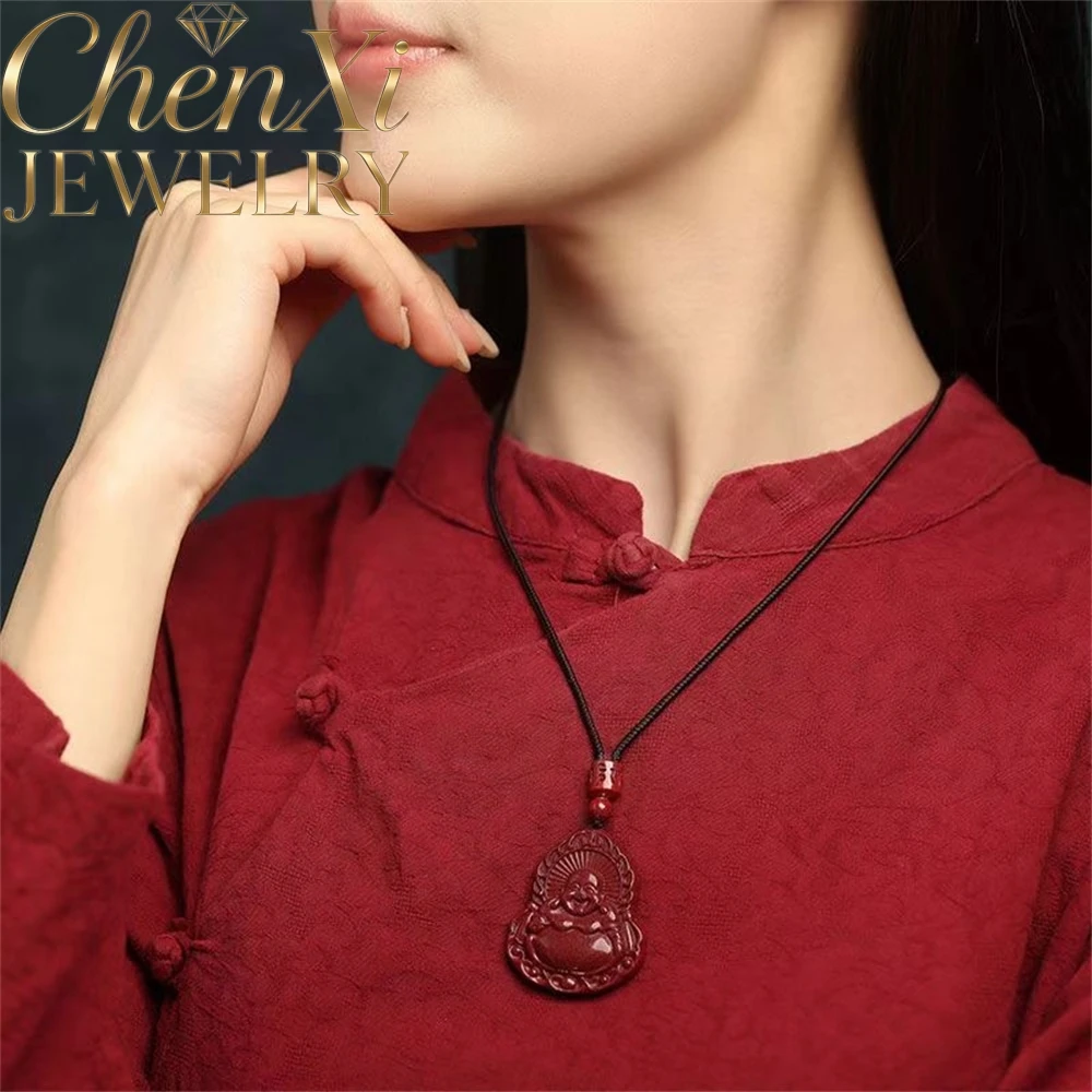High-End Cinnabar Guanyin Laughing Buddha Pendant Amulet Necklace Good Luck Luxury Quality Jewelry Gift Souvenir Adjustable Cord