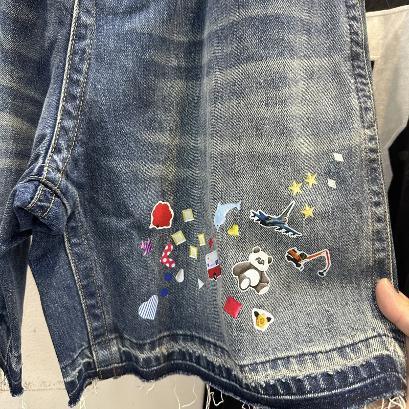 Men's Shorts Classic Cartoon Print Short Jeans Men Women Blue Black Loose Straight Elasticity Short Pants Knee Length Shortpant