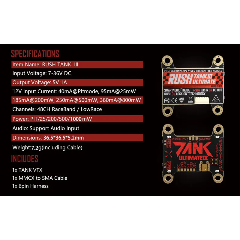 RUSHFPV TANK III 3 Ultimate 5.8G VTX 48CH PIT/25/200/500/1000 MW für RC Racing Drone FPV Analog VTX