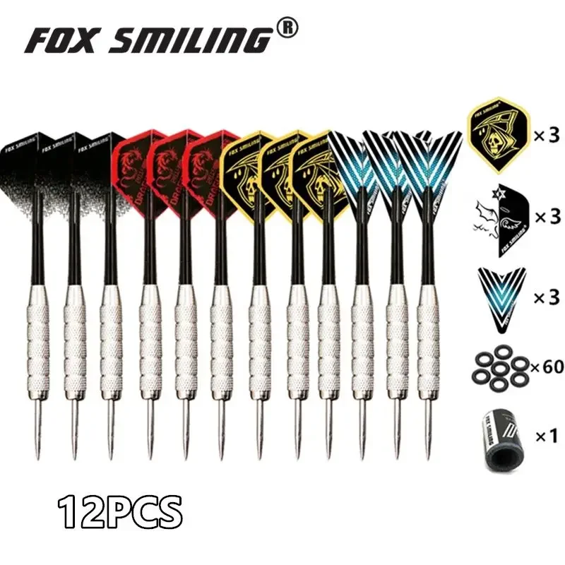 Conjunto de dardos com ponta de aço Fox Smiling profissional 12 peças 18/22/23g com eixo de nylon de alumínio, 9 voos e 1 peça de apontador