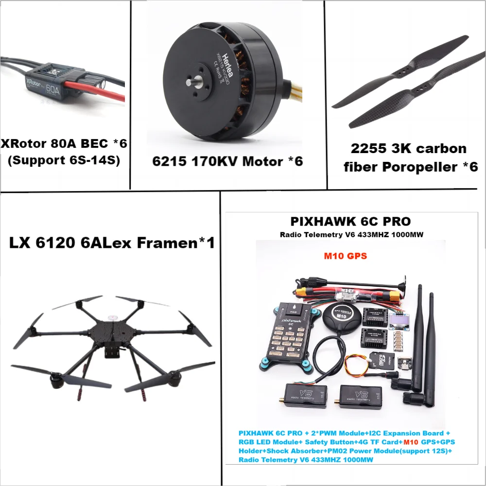 

LX6120 Pixhawk 6C PRO M10 Full Carbon Fiber 1200mm Hexa-Rotor Frame X-Roter 80A ESC PX4 Flight Control Set 6215 Motor