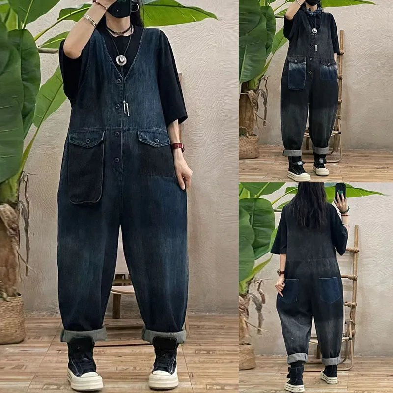 

Spring New Arrival Women's Loose Cotton Overalls V-Ne Tank Top Denim Jumpsuit Trendy Wide Leg Pants Commute Sle Vintage F...