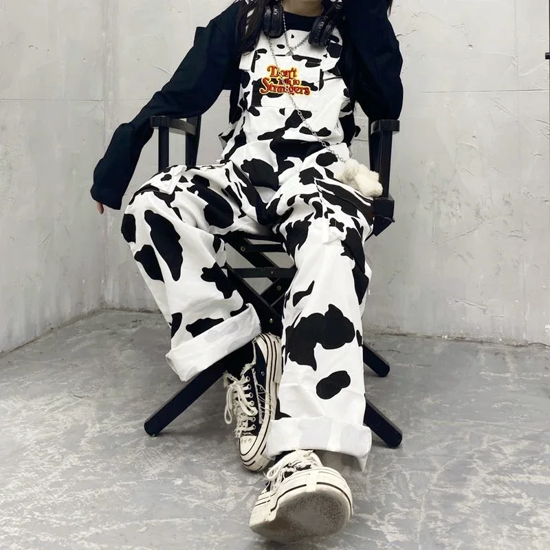 2024 Street Hip-hop Harajuku Girl Cow Print Oneies for Women Black White Plaid Overalls Casual Jumpsuit Trousers Baggy Pants